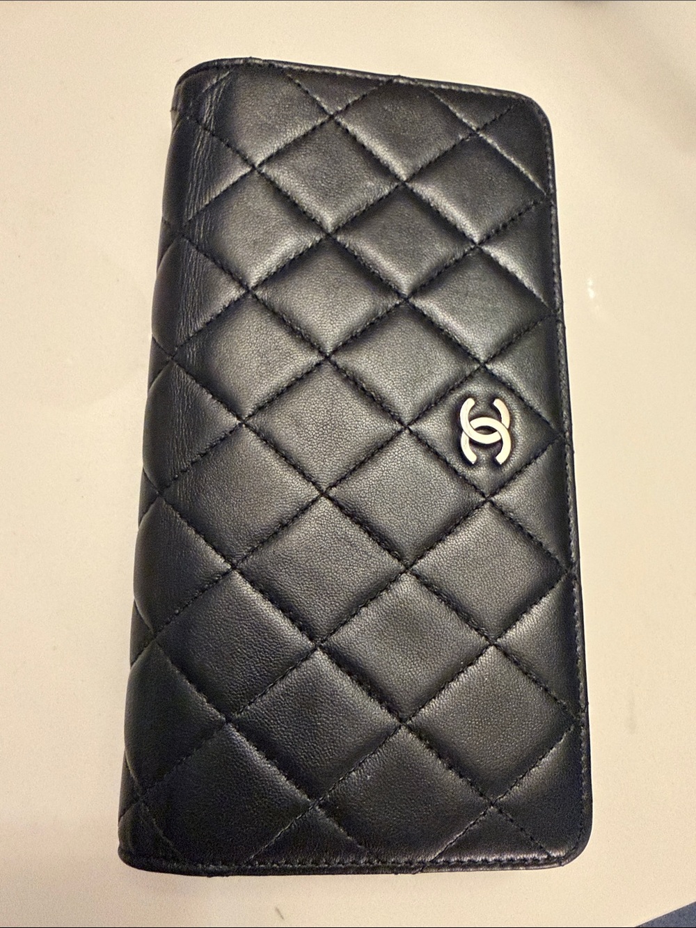 Authentic CHANEL Black Quilted Leather Long Wallet with Silver CC